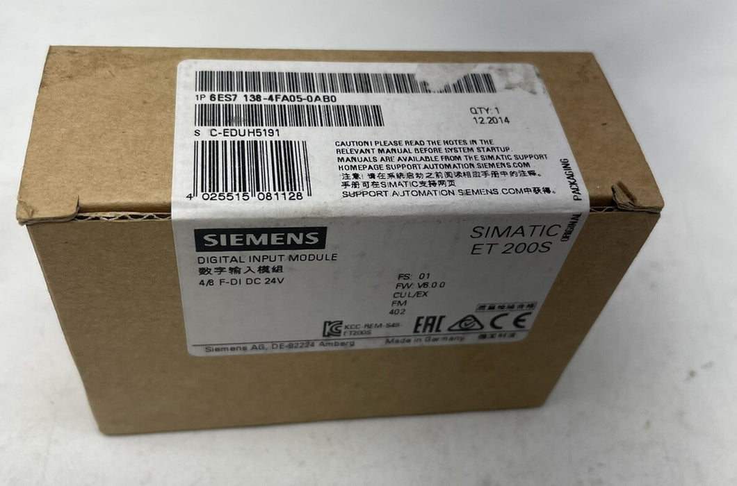 NEW SEALED 2014 6ES7 138-4FA05-0AB0 SIEMENS SIMATIC ET 200S 4/8 F-DI DC 24VDC