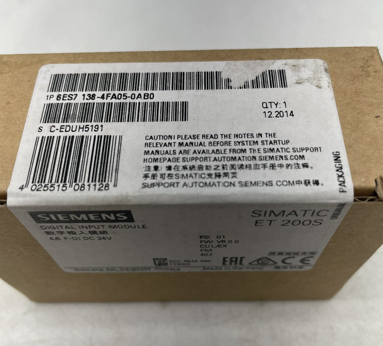 NEW SEALED 2014 6ES7 138-4FA05-0AB0 SIEMENS SIMATIC ET 200S 4/8 F-DI DC 24VDC