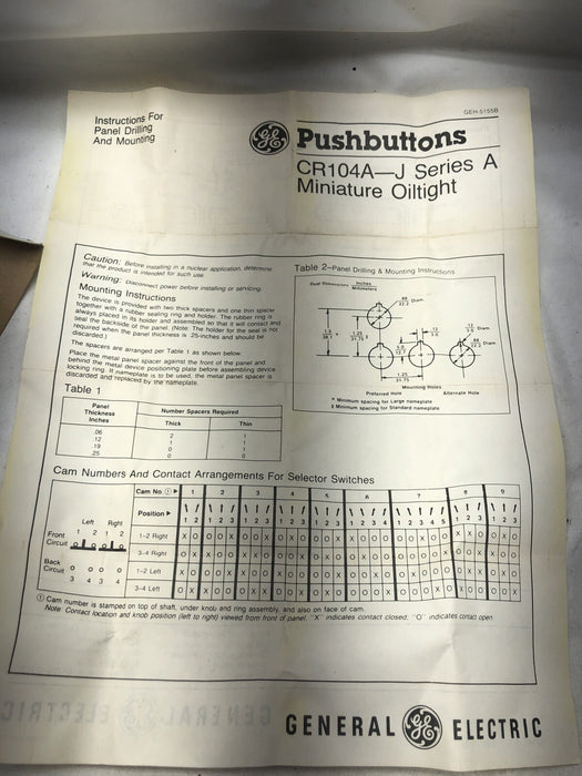NEW GE CR104A1205 MINIATURE  OILTIGHT PUSHBUTTON CR104A STANDARD GREEN 2 NO 2 NC