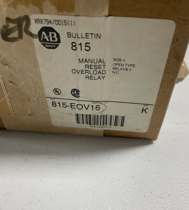 NEW ALLEN BRADLEY 815-EOV15 MANUAL RESET OVERLOAD RELAY NEMA SIZE 4 3 NC CONTACT