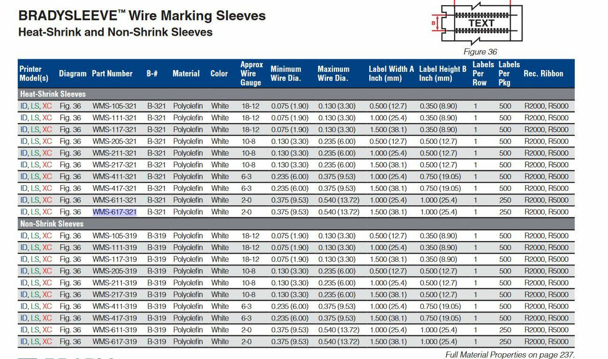 NEW  BRADYSLEEVE WIREMARKER 32544 /  WMS-617-321  250 CNT ROLL 1.5" X 1.00"
