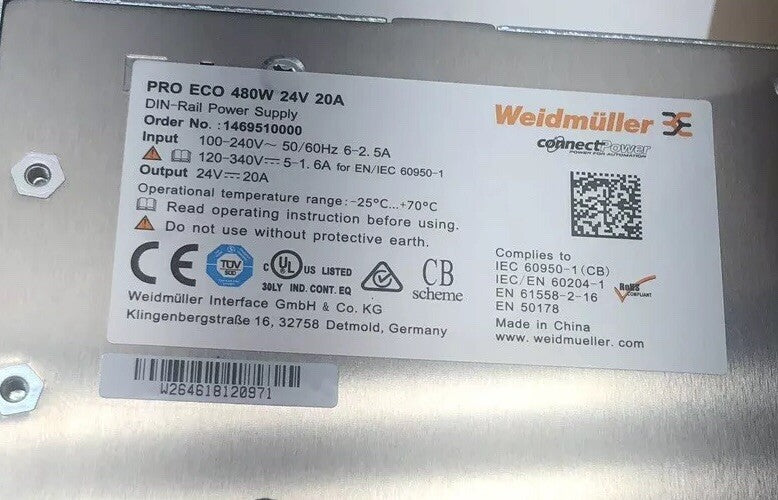 NEW WEIDMULLER 1469510000 PRO ECO 480W 24 VDC 20 AMP POWER SUPPLY