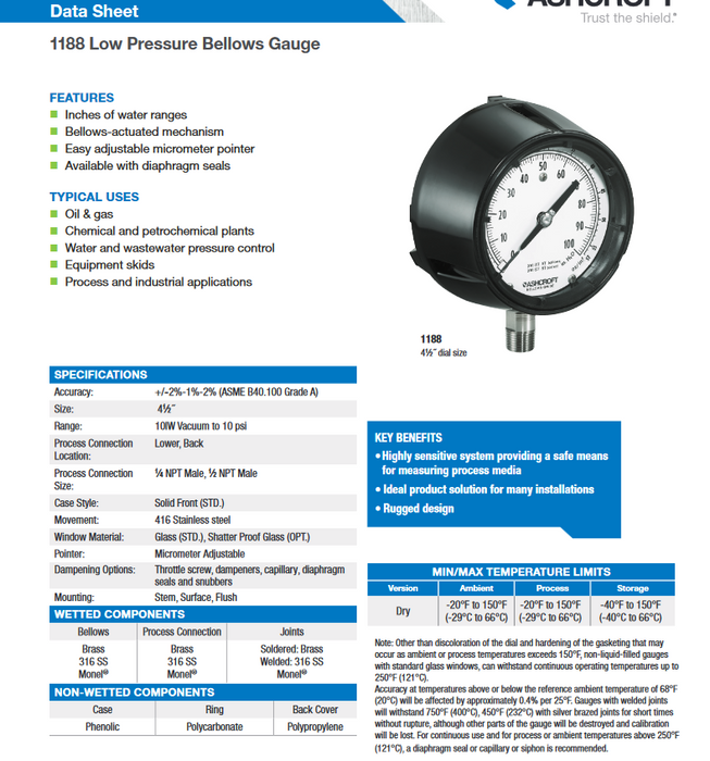 45-1188-SS-04L-60IW ASHCROFT 1188 LOW PRESSURE BELLOWS GAUGE 0-60 INH2O 451188