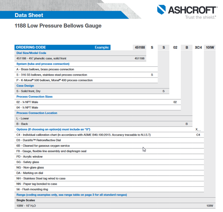 45-1188-SS-04L-60IW ASHCROFT 1188 LOW PRESSURE BELLOWS GAUGE 0-60 INH2O 451188