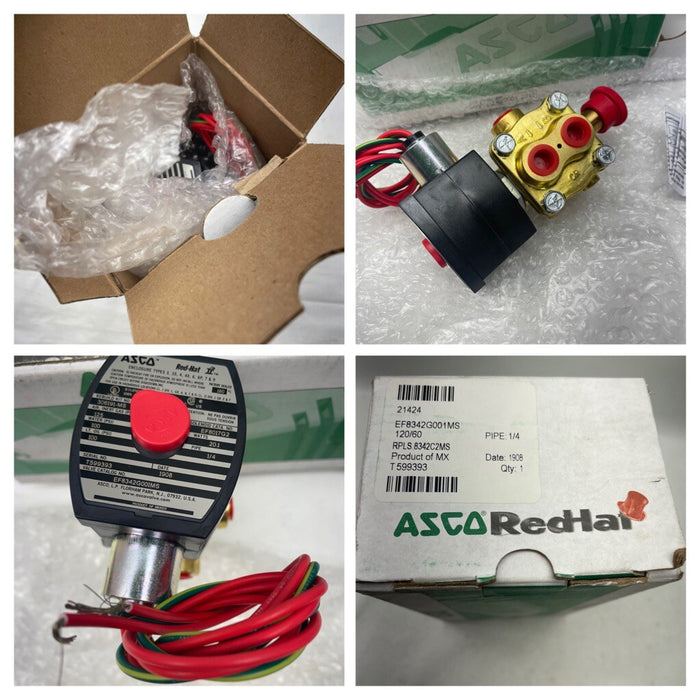 NEW ASCO REDHAT 120V 1/4" 4 way 2 SOLENOID VALVE EF8342G001MS W/ MANUAL OPERATOR