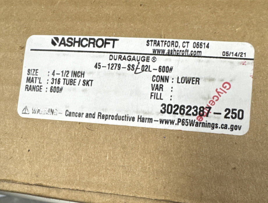45-1279-SSL-02L-600# ASHCROFT 1279 BELLOWS GAUGE 0-600PSI SOLID FACE GLYCERINE