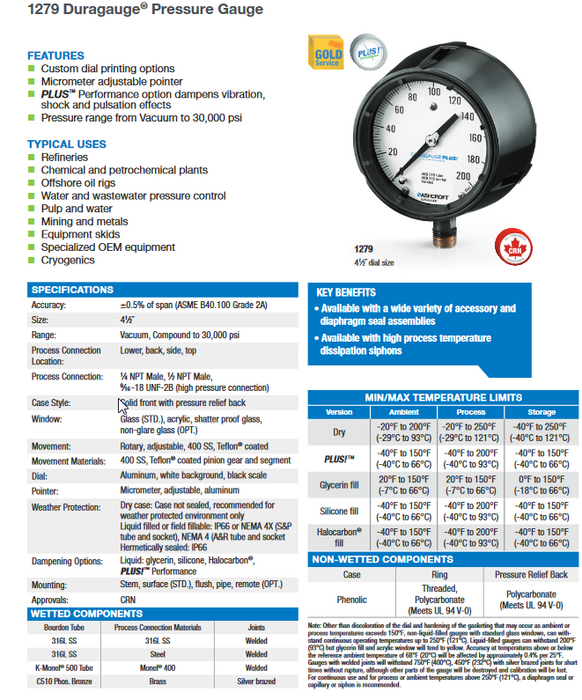 45-1279-SSL-02L-600# ASHCROFT 1279 BELLOWS GAUGE 0-600PSI SOLID FACE GLYCERINE