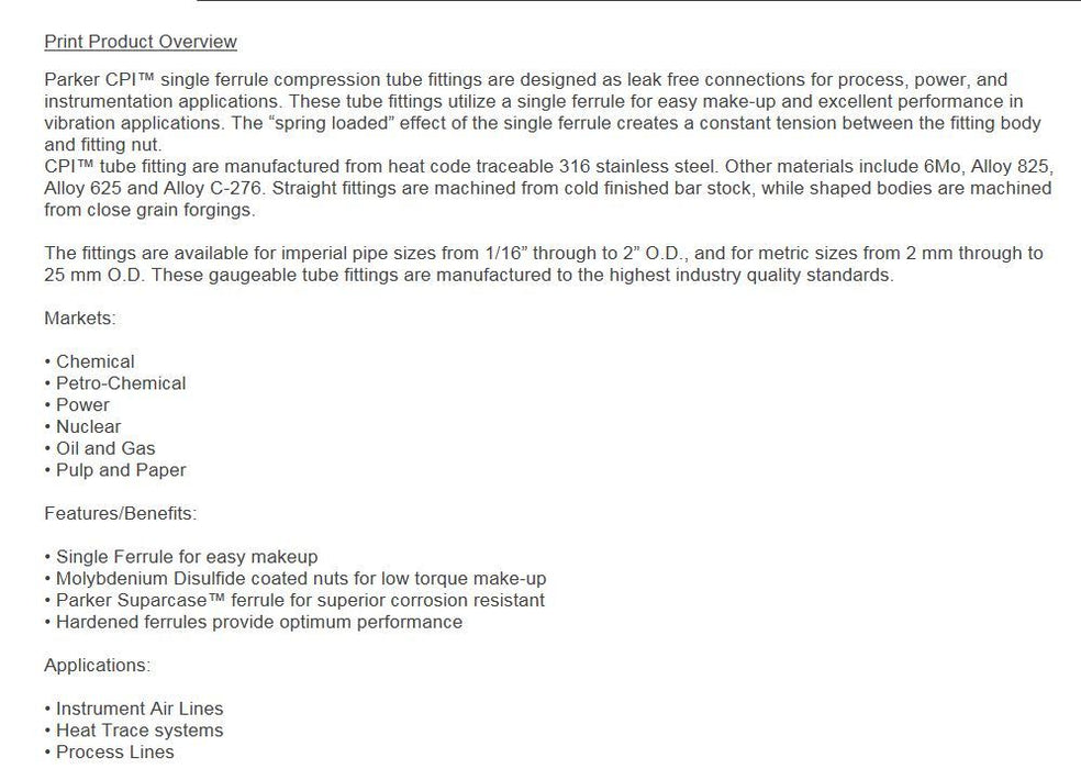NEW 16-16 DBZ-SS PARKER CPI INSTRUMENTATION FITTING 1" TUBE TO 1” PIPE FEMALE