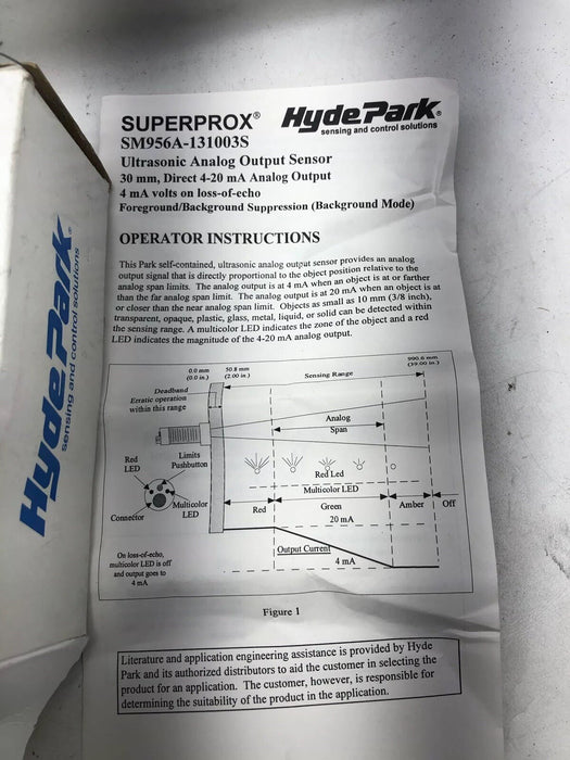 NEW HYDEPARK SUPERPROX SM956A-131003S ULTRASONIC ANALOG OUTPUT 30mm 4-20 Sensor