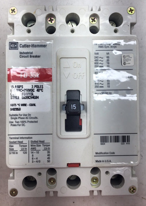 NEW BUT DAMAGED CORNER Cutler-Hammer FD3015L 15 Amp 3 Phase Feeder Breaker
