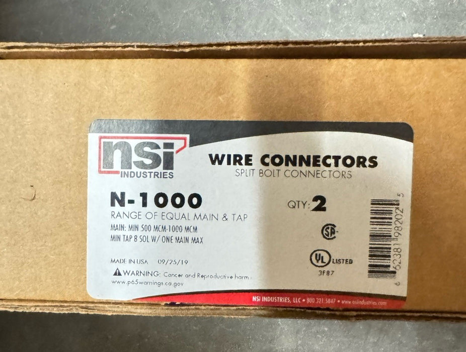 BOX OF 2 NSI N-1000 SPLIT BOLT CONNECTORS N-1000 COOPER 4/0-1000 STR CU