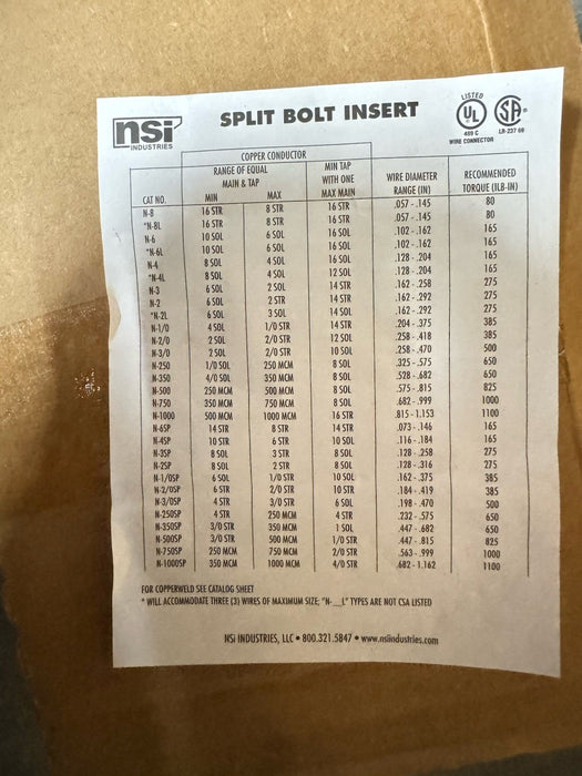 BOX OF 2 NSI N-1000 SPLIT BOLT CONNECTORS N-1000 COOPER 4/0-1000 STR CU