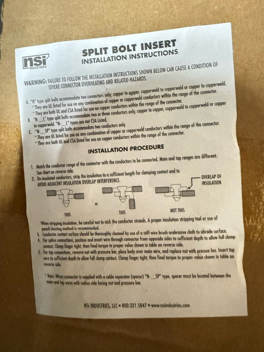 BOX OF 2 NSI N-1000 SPLIT BOLT CONNECTORS N-1000 COOPER 4/0-1000 STR CU