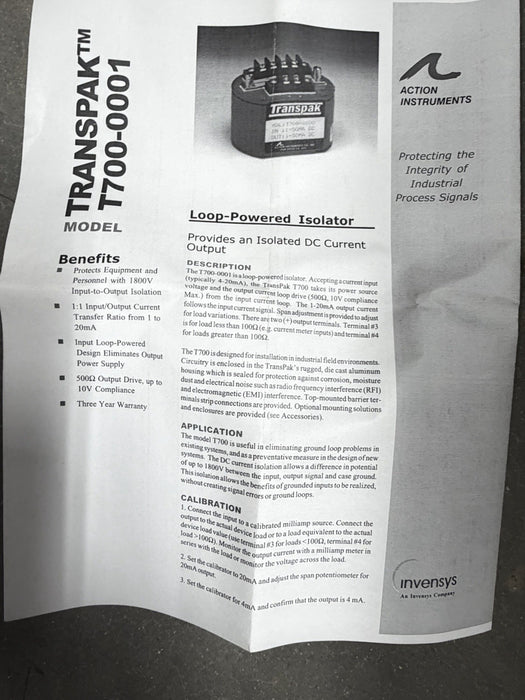 NEW D2KTC Action Instruments TransPak T700-0001 Loop Powered Isolator 4/20MA