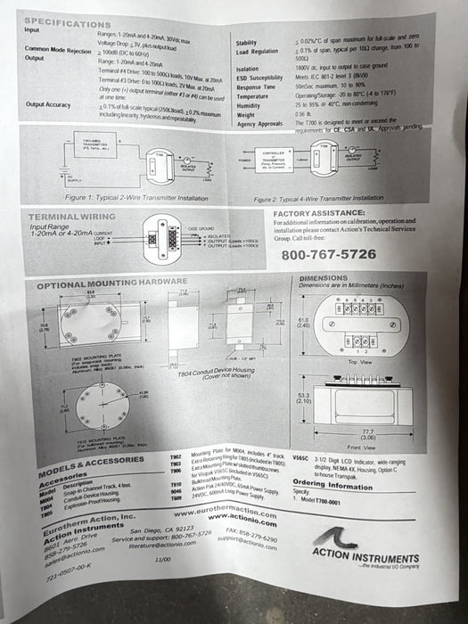 NEW D2KTC Action Instruments TransPak T700-0001 Loop Powered Isolator 4/20MA