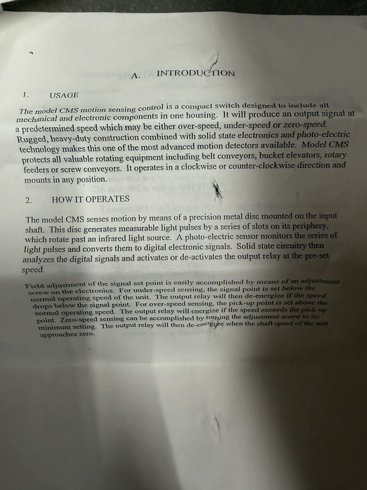 CONVEYOR COMPONENTS MOTION SWITCH CMS SPEED SWITCH ZERO SPEED ETC