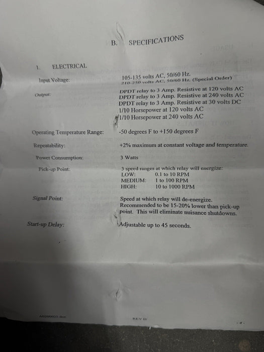 CONVEYOR COMPONENTS MOTION SWITCH CMS SPEED SWITCH ZERO SPEED ETC