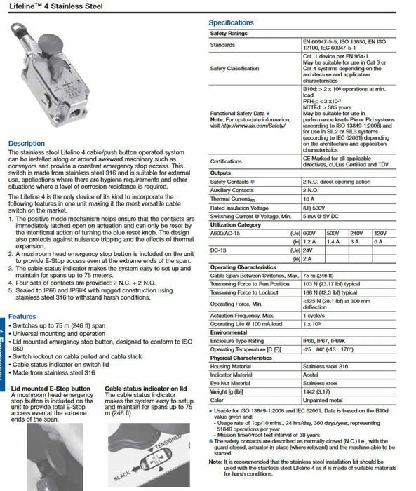 440E-L22BNST GUARDMASTER LIFELINE 4 STAINLES ROPE PULL SWITCH ALLEN BRADLEY 440E