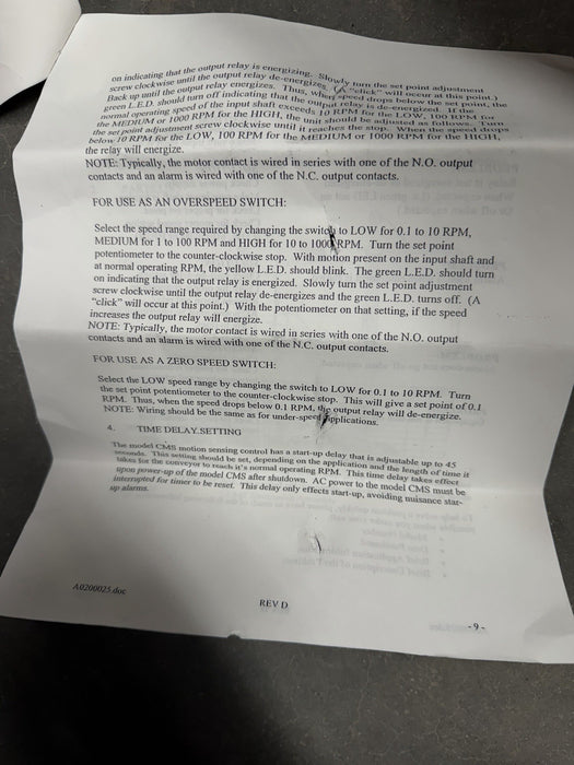 CONVEYOR COMPONENTS MOTION SWITCH CMS SPEED SWITCH ZERO SPEED ETC