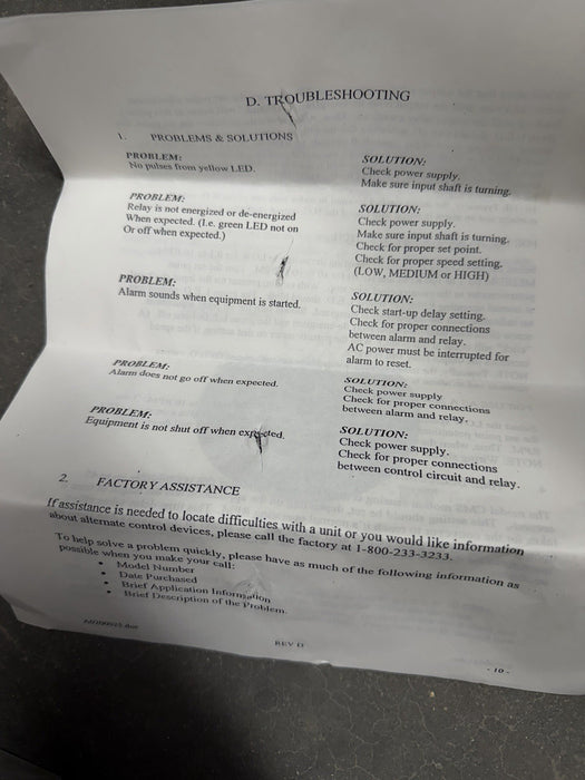 CONVEYOR COMPONENTS MOTION SWITCH CMS SPEED SWITCH ZERO SPEED ETC