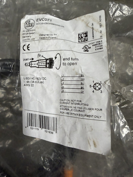 Ifm Evc071 Cordset, 5Pin Cable 5M  4A Max