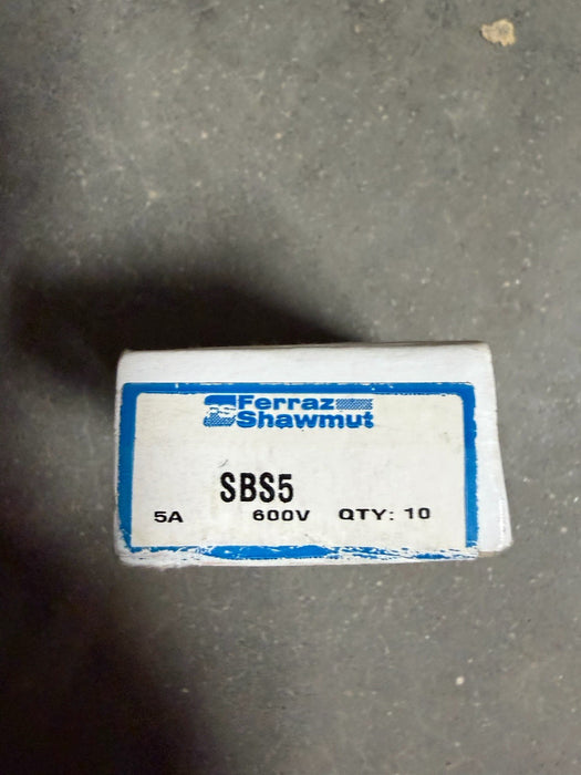 BOX OF 7 FUSES  5A 600Vac Fast Acting Fuse, FERRAZ SHAWMUT SBS5