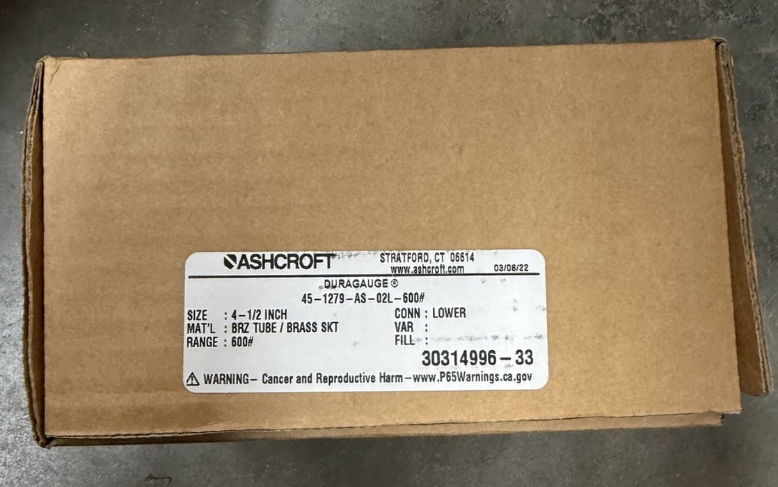 45-1279-AS-02L-600# ASHCROFT 1279 BELLOWS GAUGE 0-600PSI BRONZE TUBE & BRASS SKT