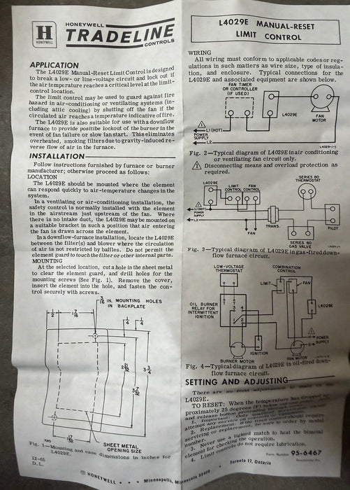 1 New Honeywell L4029E 1219 - Limit Control Manual Reset, Factory Set 165 F