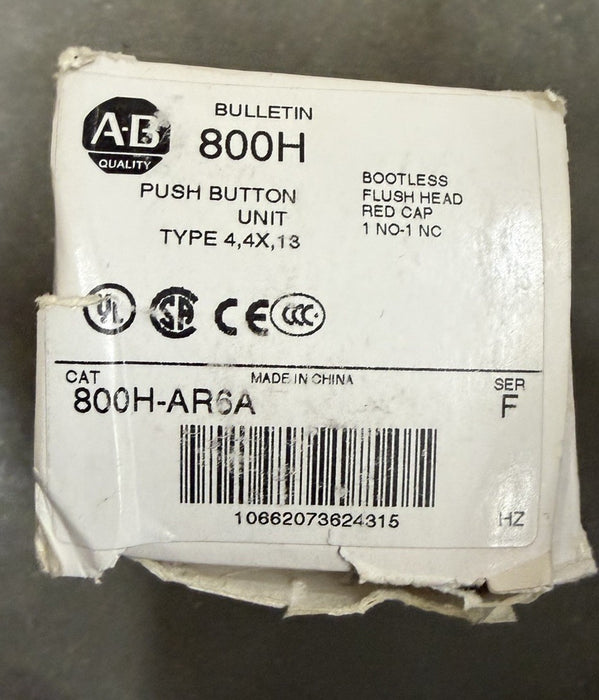 ALLEN BRADLEY 800H-AR6A PUSHBUTTON BOOTLESS FLUSH HEAD RED 1NO/1NC SE F NIB
