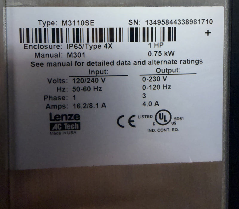 nNEW AC Tech MC Series M3110SE VFD 1HP NEMA 4X 120/240V In 3PH 230V Out