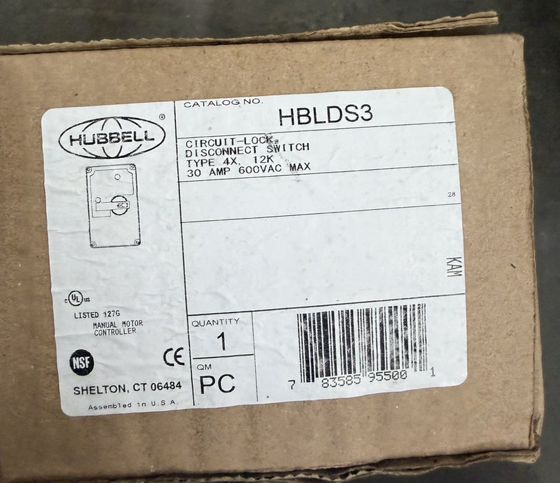 HUBBELL HBLD3 circuit-lock disconnect switch ttype 4x 12k 30 amp 600vac lockable