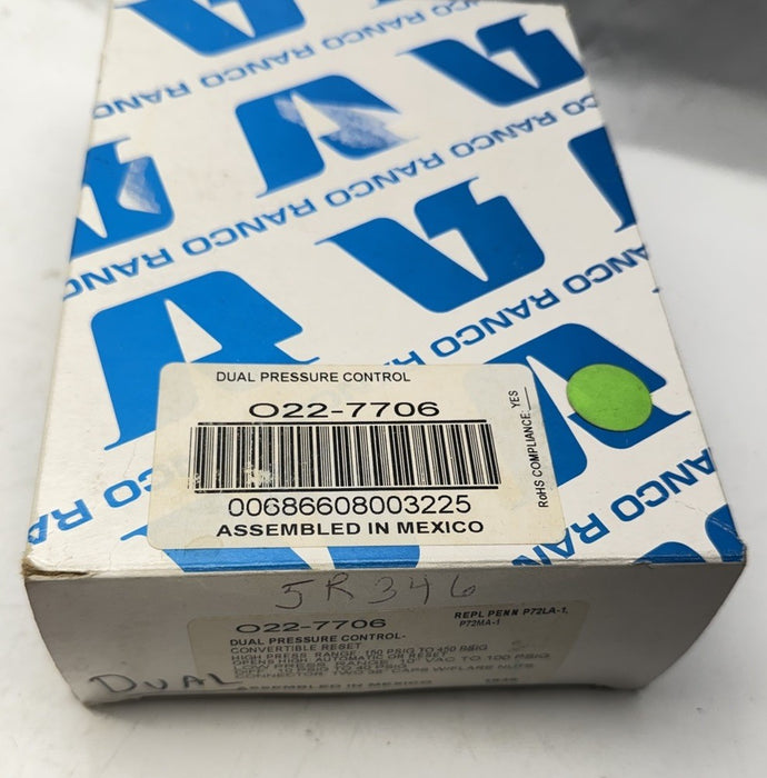 Ranco 022-7706 Dual Function Pressure Refrigeration Control O22-7706