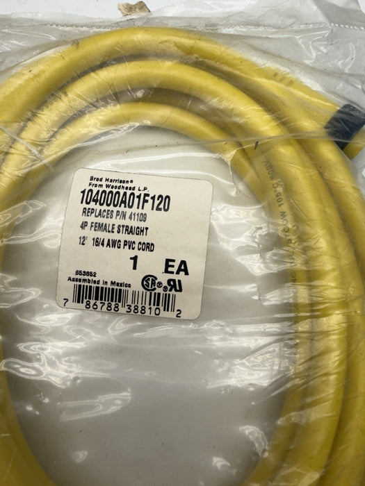 BRAD HARRISON 104000A01F120 Cordset 4 Pin Receptacle Female 41109 12’ 16/4 Pvc