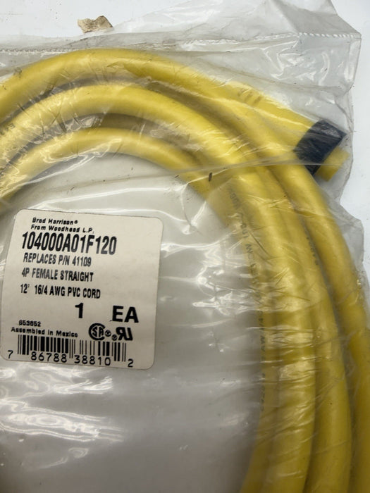 BRAD HARRISON 104000A01F120 Cordset 4 Pin Receptacle Female 41109 12’ 16/4 Pvc