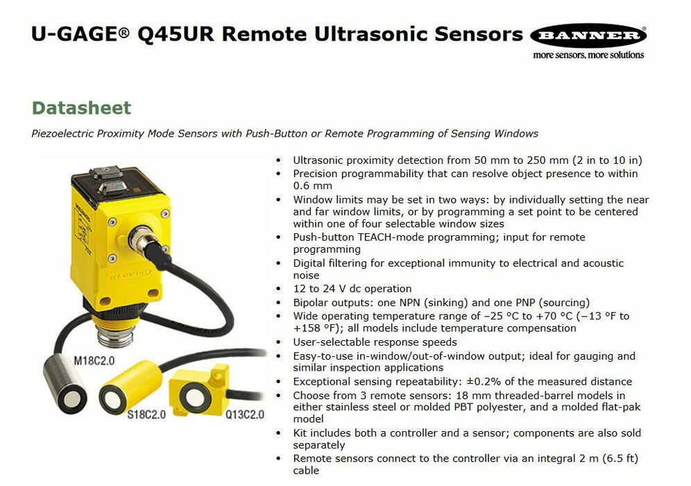 NEW BANNER ENGINEERING Q45UR3BA63CQ6 / 53011 Q45UR Series Remote Transducer