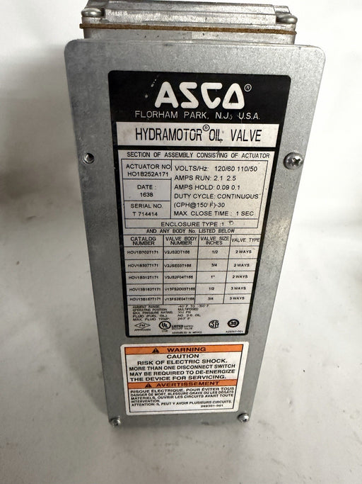 ASCO H01B252A171 Hydramotor Oil Valve ACUATOR HO1B252A171