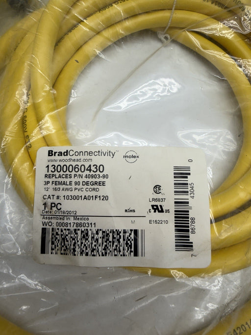 NEW Sealed BRAD CONNECTIVITY WOODHEAD 3P FEMALE CORDSET 1300060430 NOS