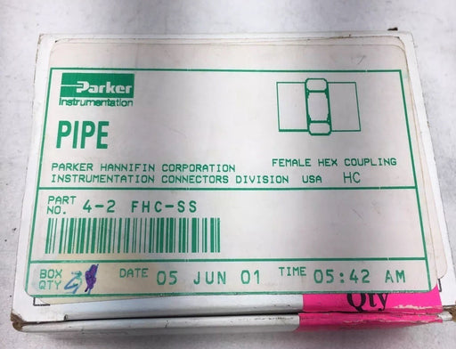 4 NEW 4-2 FHC-SS PARKER INSTRUMENTATION PIPE FEMALE HEX COUPLING STAINLESS STEEL