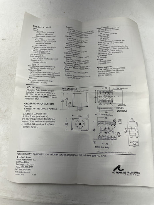 NEW SPECIAL 400VAC EUROTHERM SCHNEIDER ACTION PAK 1680-2001-1 AP1680 1680-2001S