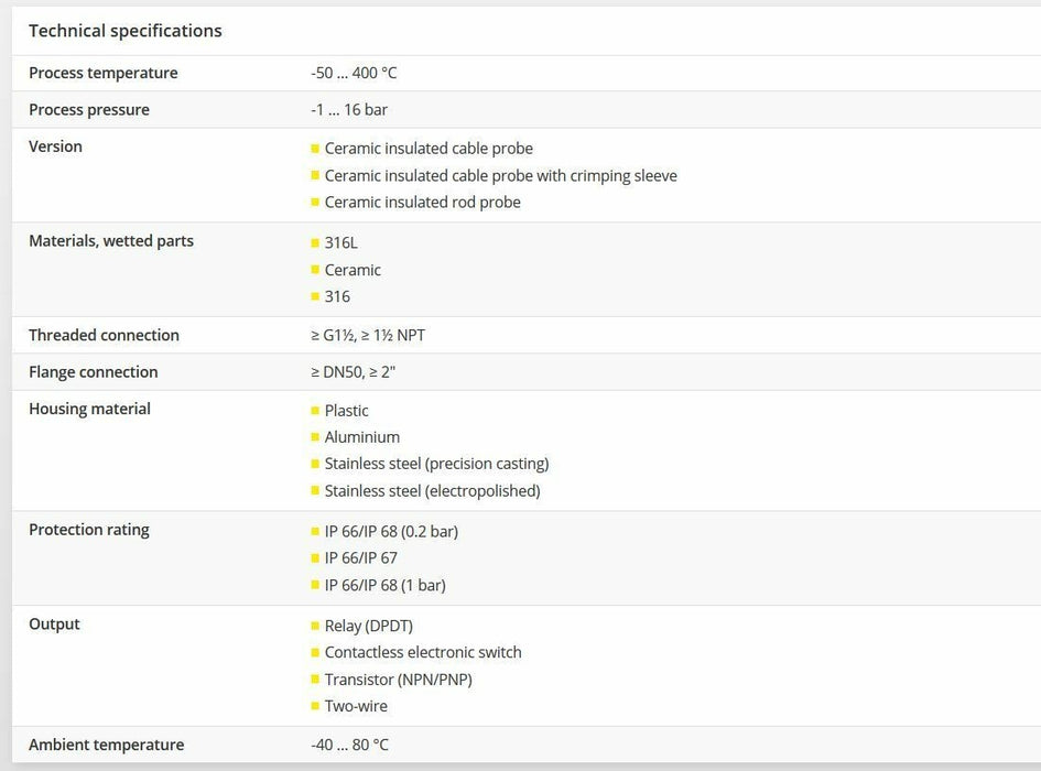 VEGACAP 67 CAPACITIVE BULK SOLID LEVEL SENSOR DPDT RELAY 18 INCH OR 457.2 mm