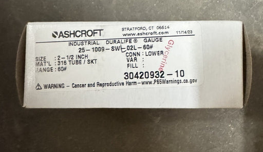 ASHCROFT 25 1009SWL02L60#  251009SWL02L60 (NEW IN BOX) 60 PSI GAUGE DURALIFE