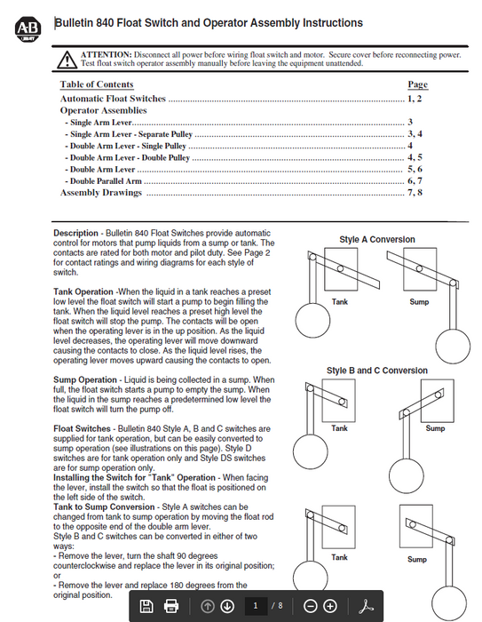 slightly used 840-A4  ALLEN BRADLEY FLOAT SWITCH USED GREAT SHAPE W/ CONDUIT HUB