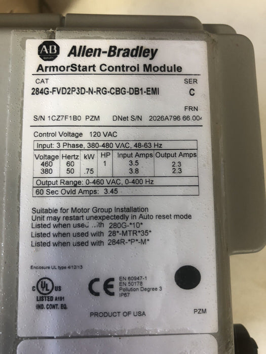 284G ALLEN BRADLEY ARMORSTART CONTROL MODULE 284G-FVD2P3D-N-RG-CBG-DB1-EMI 32220