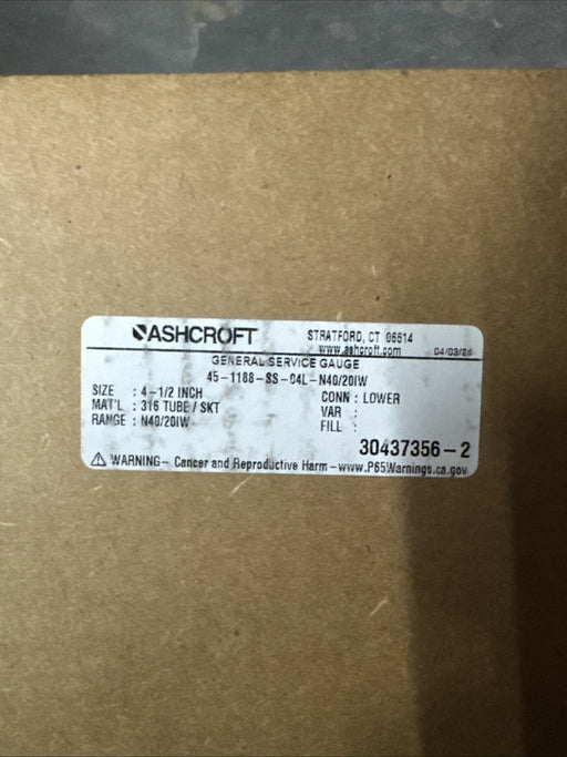 45-1188-SS-04L-N40/20IW ASHCROFT 1188 LOW PRESSURE BELLOWS GAUGE -40 TO 20 INH2O