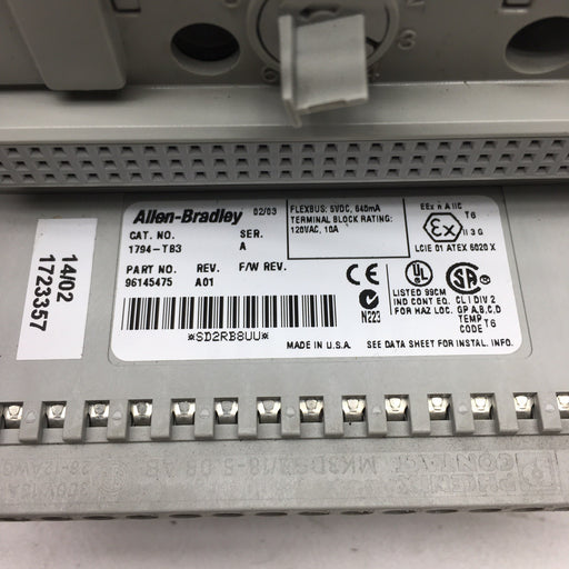 ALLEN BRADLEY 1794-IB16 24VDC SINK INPUT MODULE AND 1794 TB3 TERMINAL BASE