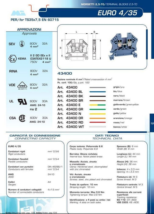 QTY 10PCS NEW MORSETTITALIA  EURO 4 E4 GROUNDING TERMINAL BLOCKS NNB 43400 E