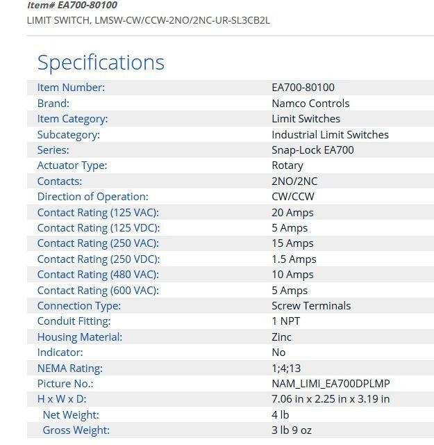 EA700 NEW NAMCO LIMIT SWITCH 4 N.O  CONTACT CW/CCW SNAP-LOCK EA700-80100