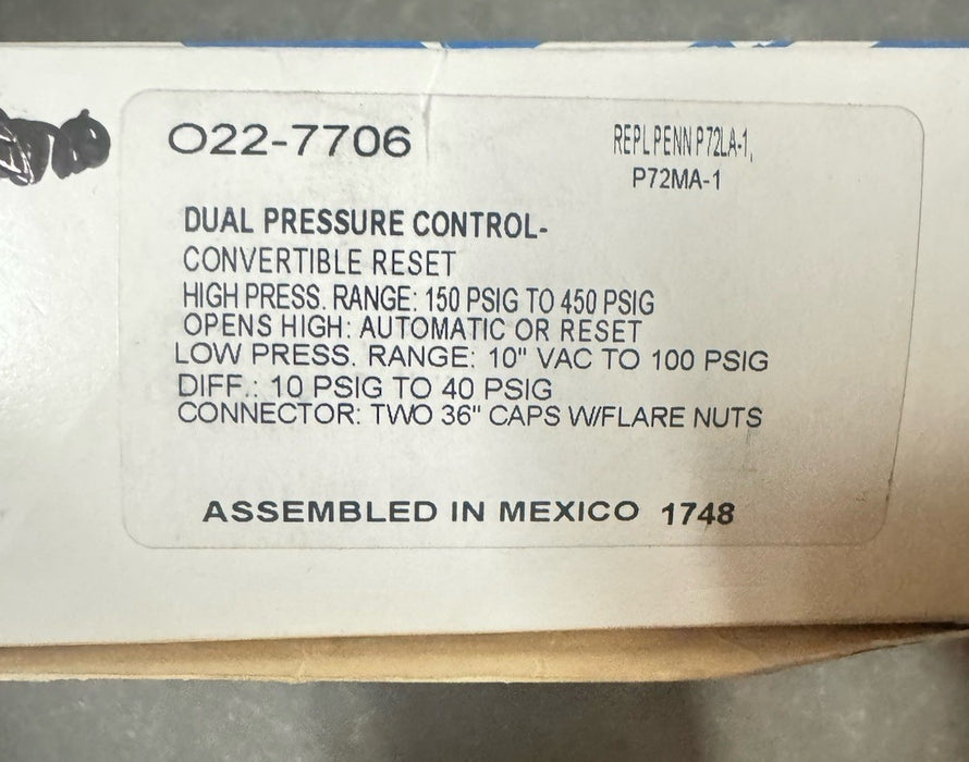 Ranco 022-7706 Dual Function Pressure Refrigeration Control O22-7706