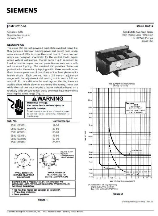 NEW SIEMENS ESP 1000 FURNAS CONTROL 958L10935U  SOLID STATE OVERLOAD  43-86 AMPS
