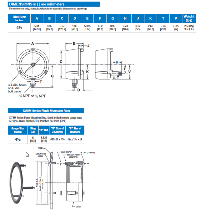 45-1279-AS-02L-600# ASHCROFT 1279 BELLOWS GAUGE 0-600PSI BRONZE TUBE & BRASS SKT